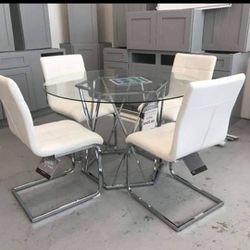 White/ Chrome Tabletop Glass Dining Table And Chairs👍Kitchen And 5 Piece Dining Set 👉