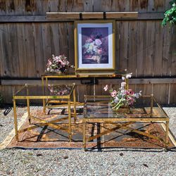 Vintage Hollywood Regency Brass and Smoky Glass Table Set