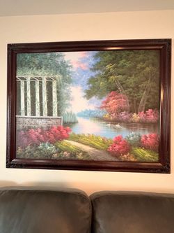 Large Framed Garden Landscape Oil Painting
