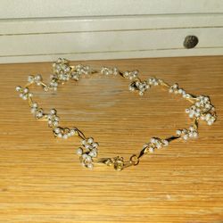 Vintage Gold-Tone Seed Pearl Cluster and Geometric Link Chain Necklace