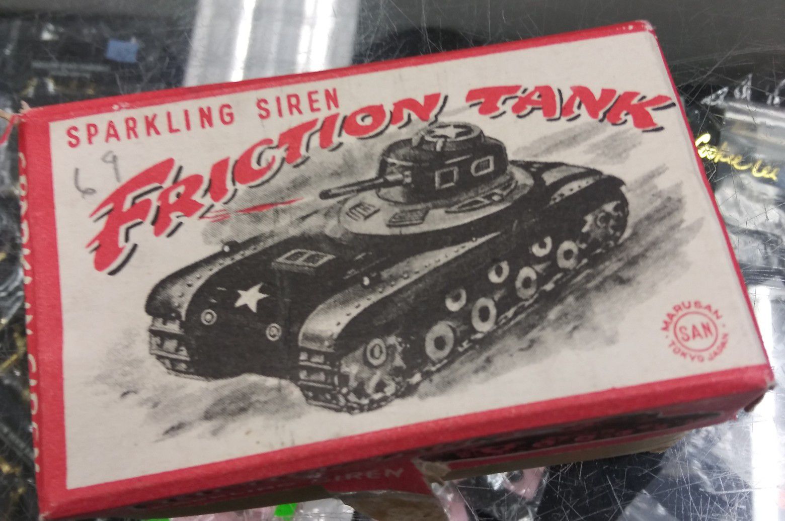 1950's NOS MARUSAN Sparkling Siren Friction Tank Tin Toy RARE Japan