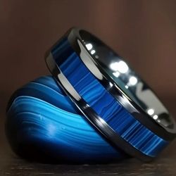Men's Women's 8mm Titanium Silver Blue Textured Comfort-Fit Engagement Wedding Band 12