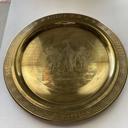 Solid Brass Tray Wall Art. Mid Century Vintage Etched inside Women in Traditional Dress Style Tray, 12.5"