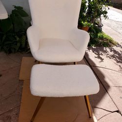 Boucle Accent Chair and Ottoman Set, Sherpa Armchair with Golden Metal Legs, High Back Reading Chair