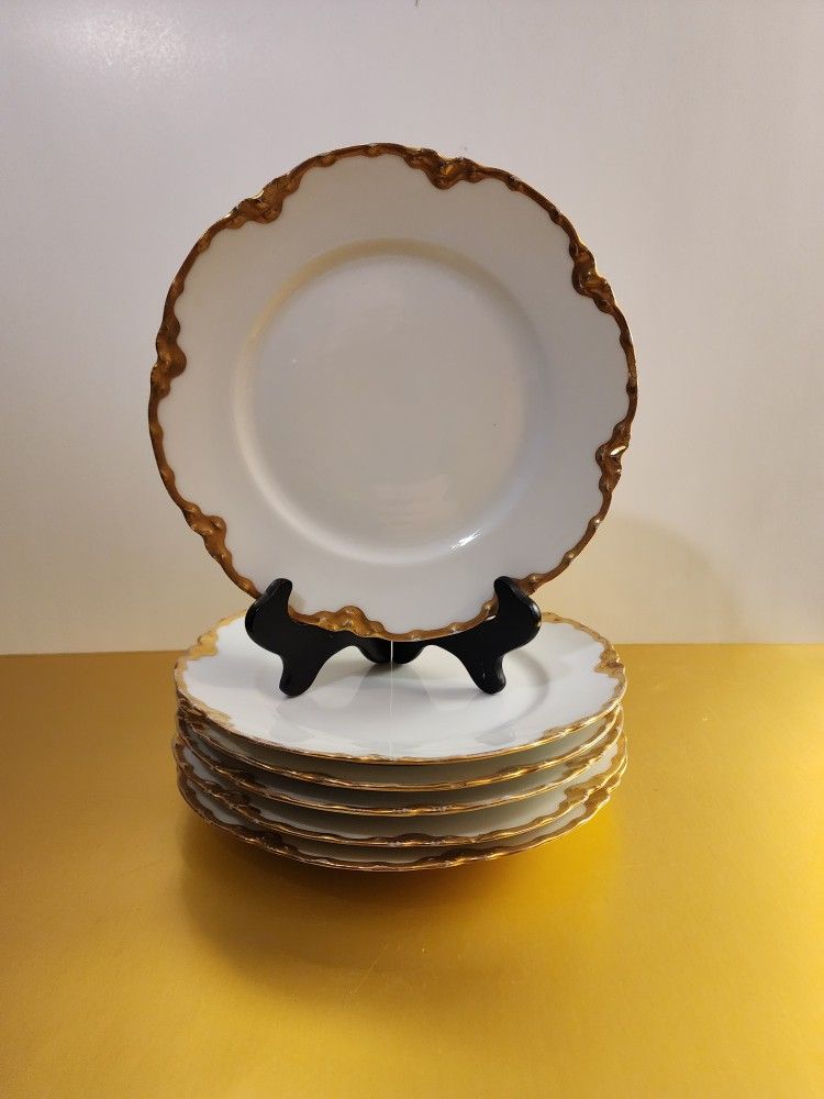 (6) Haviland 'Ranson' Antique Porcelain 7.5" Salad Plates White Heavy Gold Gilt
