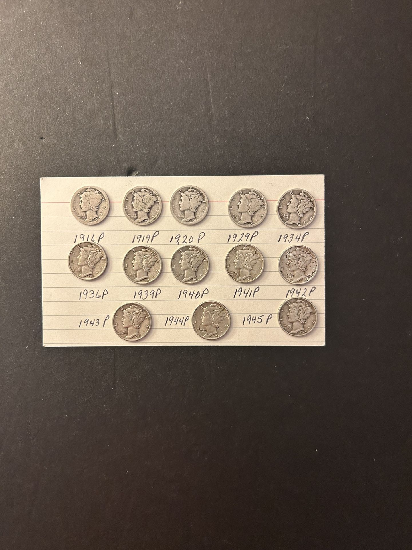 Coins – Mercury dimes – 4 different decades – 90% silver – all Philadelphia mint – Total 13 different date coins