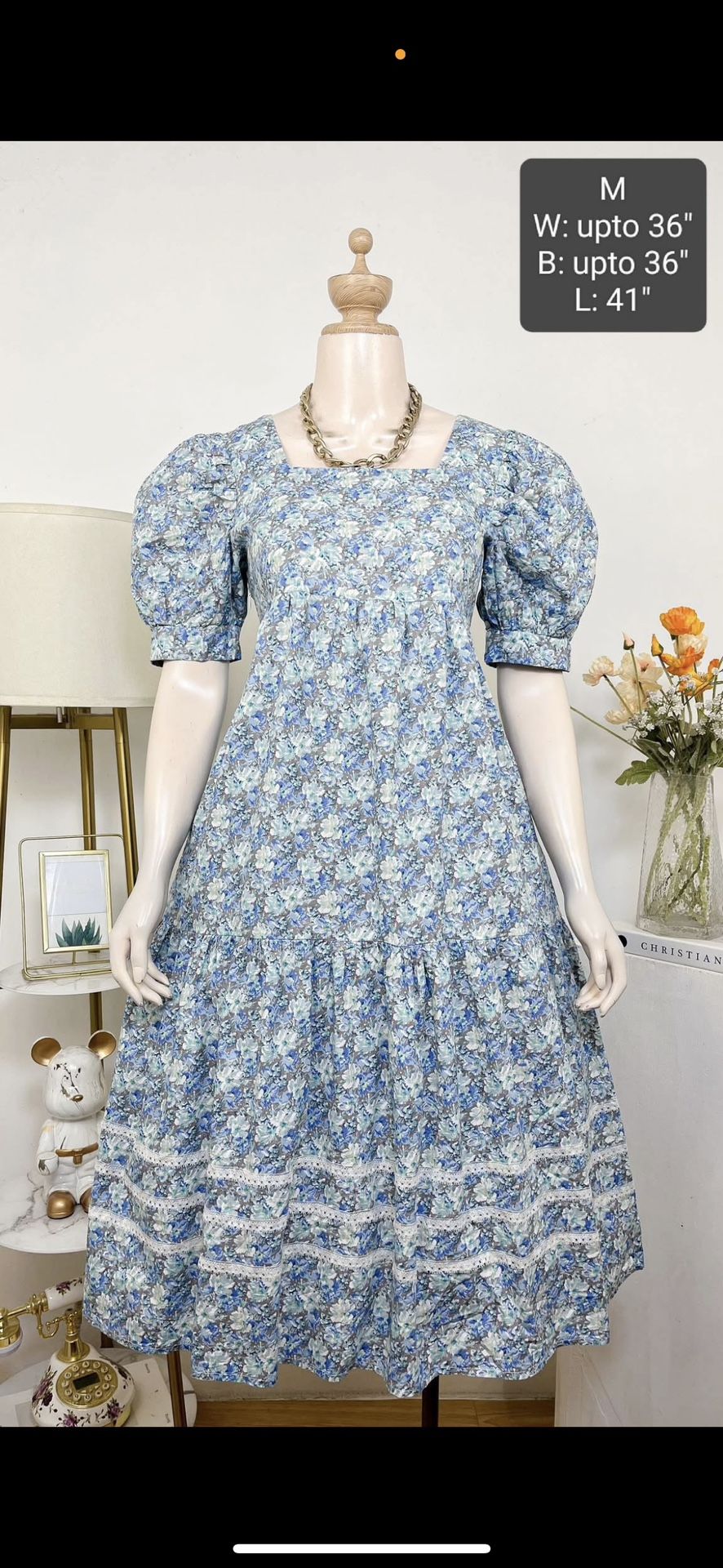 Vintage Blue Floral Puff Sleeve Dress
