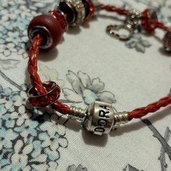Pandora Red Cowhide Leather And Sterling Charms