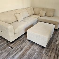Brand New Sectional Beige Corduroy Fabric 3 Pcs Ottoman Included $599 