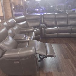 New Genuine Leather Sectional Sofa With Four Power Recliners,  Four Power Headrests, Real Leather, And The Itable Drop Down, 