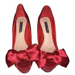 Red Satin Bow Platform Heels