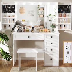 GLASS TOP Vanity with plug in and sliding storage sides