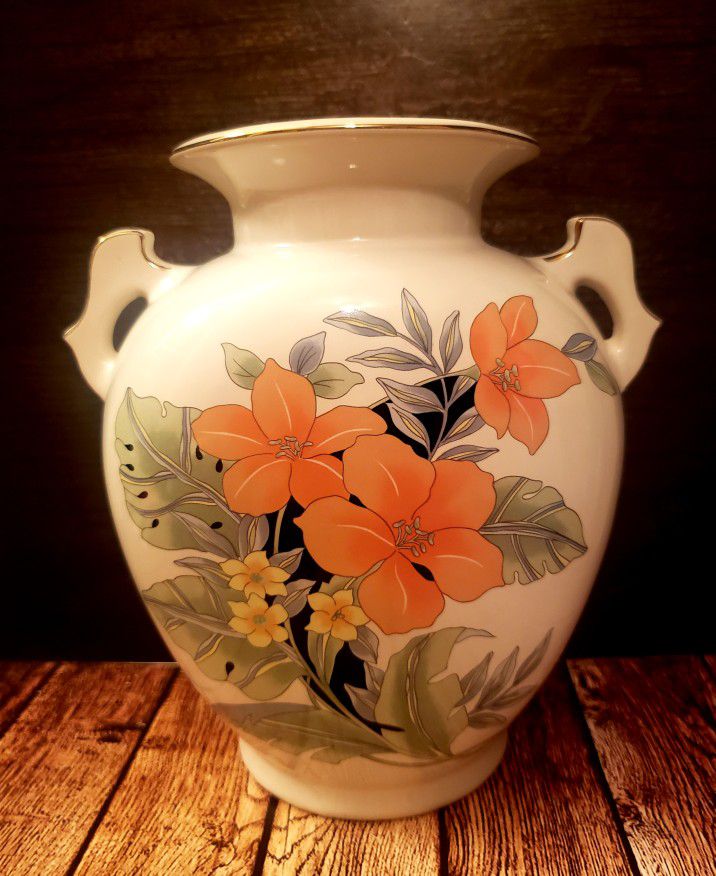 Gorgeous Vintage Japanese Porcelain Handled Vase with Hibiscus 🌺 Flowers Design