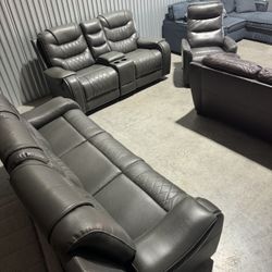 Free Delivery* Like New Gray Faux Leather Sofa & Loveseat with Recliners/ Rocking Chairs!