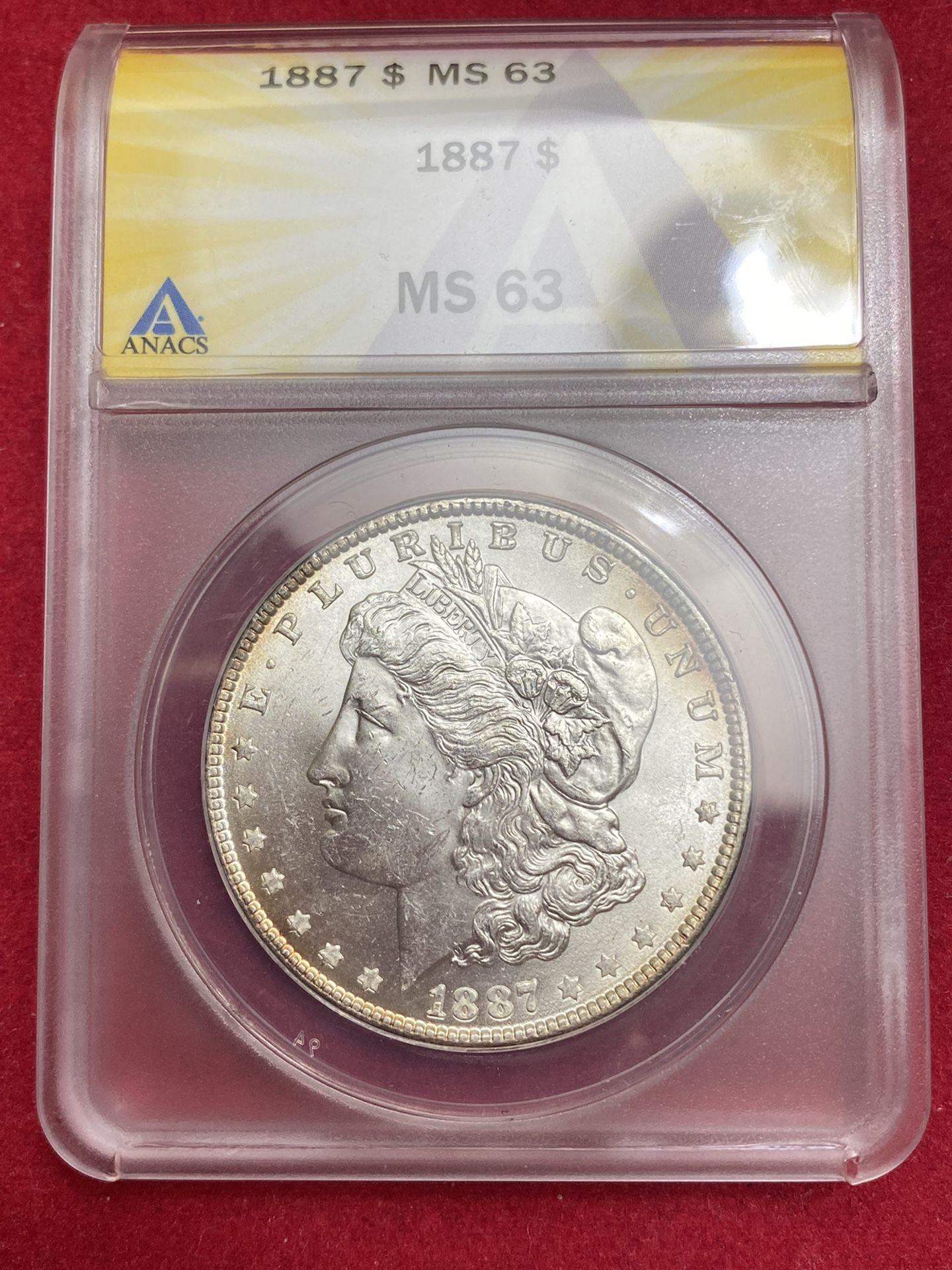 Beautiful Toned 134 Yr Old 1887 Morgan Silver Dollar ANACS MS 63!!