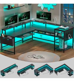 SEDETA L Shaped Gaming Desk, Reversible Computer Desk, Gaming Desk with Power Outlets & LED Strip, Monitor Shelf, Keyboard Tray, Pegboard and Storage 
