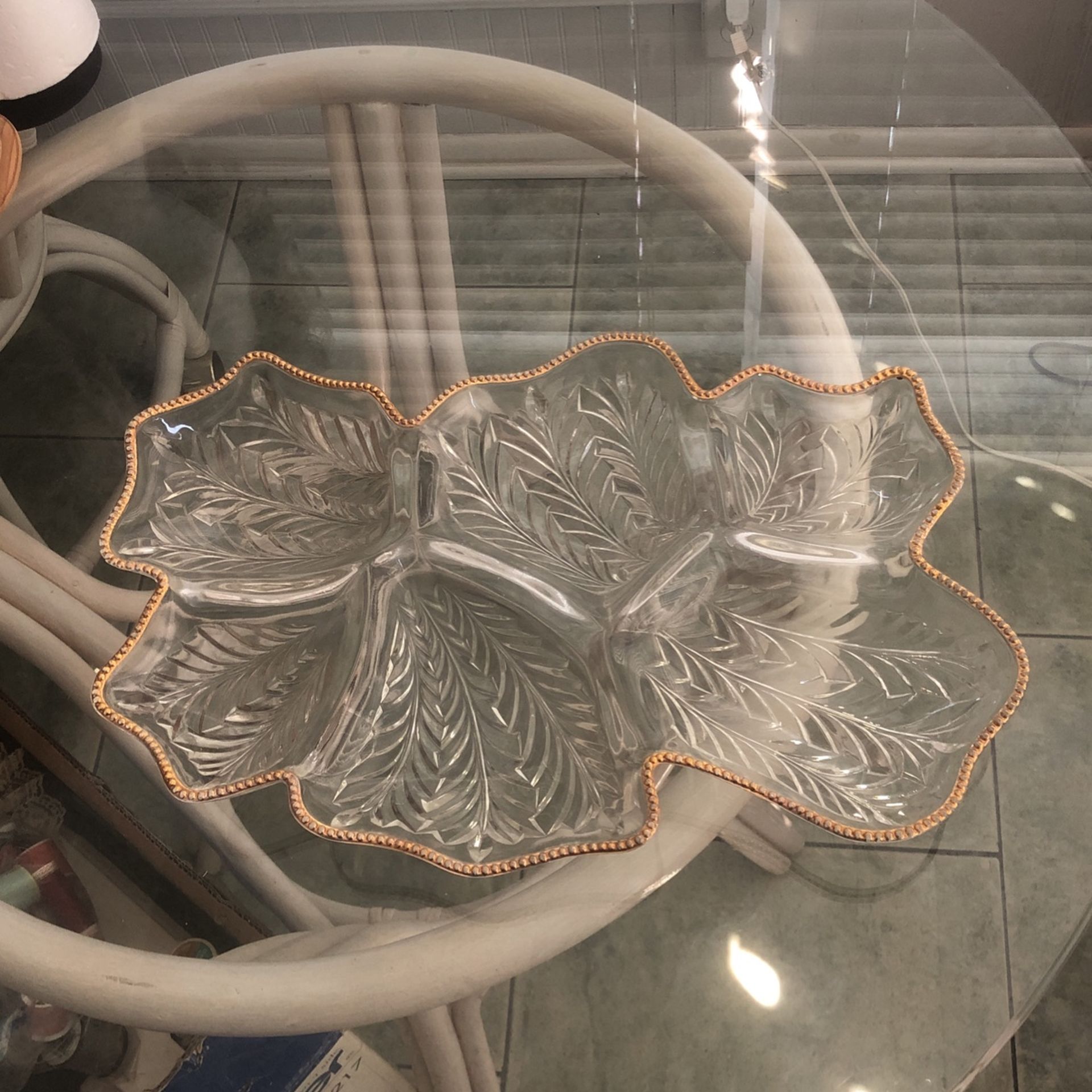 Antique Jeannette Feather Leaf Glass Gold Beaded