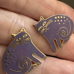 Laurel Burch vintage 1980s enamel purple Keshire Cat earrings