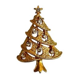 Gold-Tone Rhinestone Christmas Tree Brooch