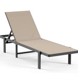 Aluminum Chaise Lounge Chair Outdoor, Patio Lounge Chair with Adjustable 5-Position Recliner and Full Flat Tanning Chair for Patio, Beach, Pool, Khaki