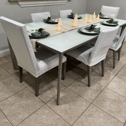 Beautiful Gray Tempered Glass And Wood Dining Table