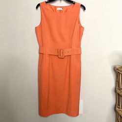 Calvin Klein Orange Belted Knee Length Sheath Dress - Size 10