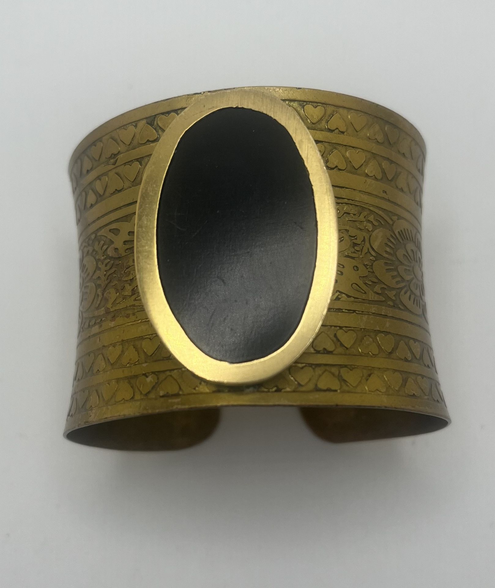 Vintage Etched Brass? Wide Cuff Bracelet Black Oval Statement Hippy Boho 