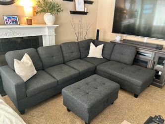 Beautiful Dark Grey sectional couch with storage ottoman LIKE NEW
