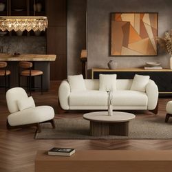 2PCS Sofa & Accent Chair Set, Upholstered Lamb Fabric Sofa Set with Throw Pillows, Pet-Friendly Curved Couch & Armless Chair for Living Room,White