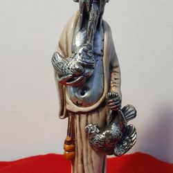 Vintage Chinese Pewter & Enamel Sculpture Statue By PELTRO ITALY 8" Asian.
