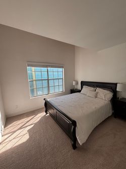 Black Wood Sleigh Bed Frame + Night Stands