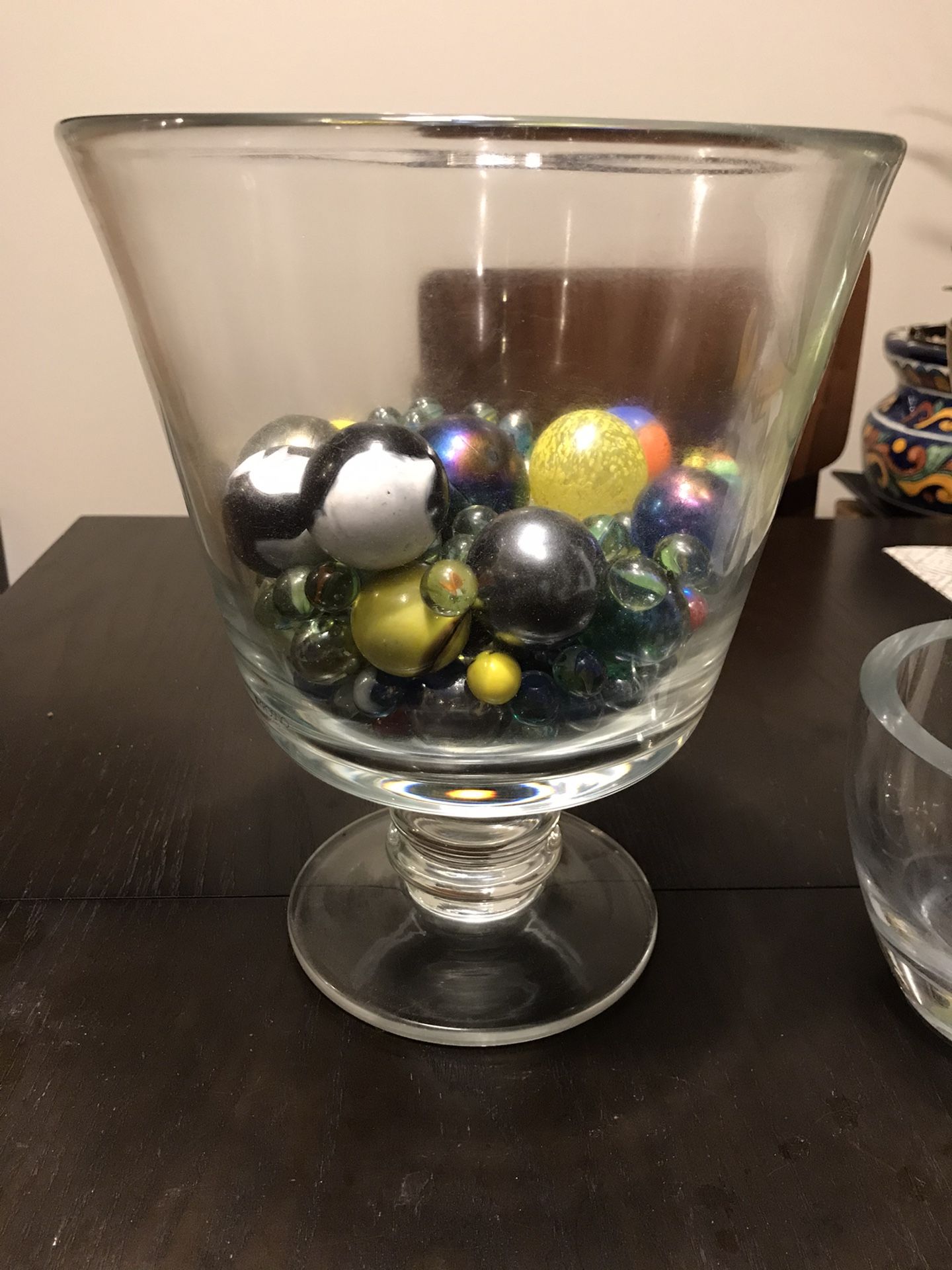 Crate and Barrel glass pedestal bowl with marbels and tuxedo bowl