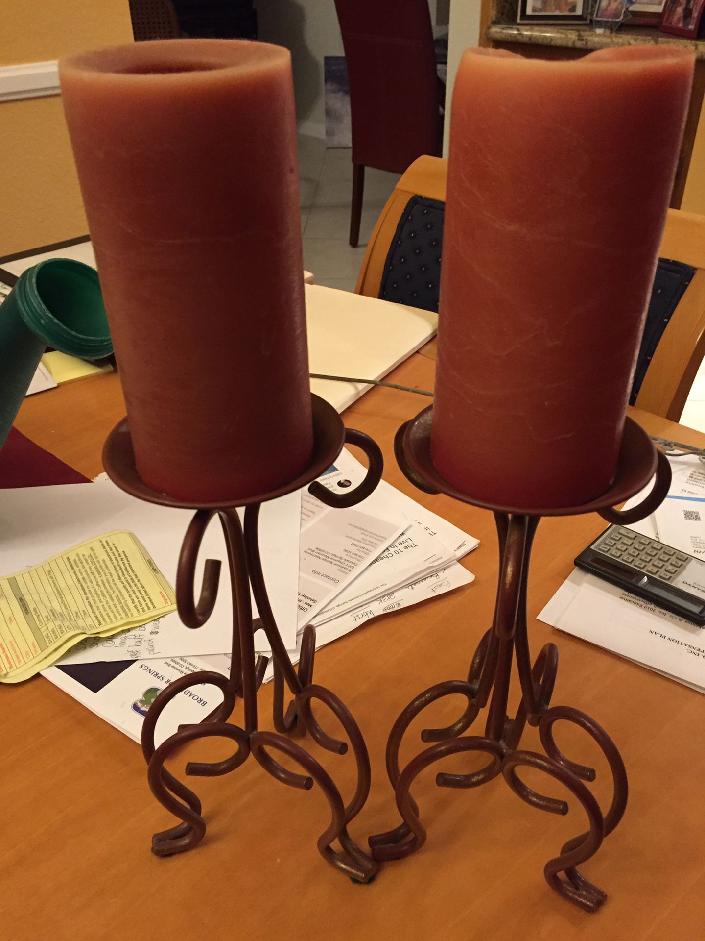 2 candle holders with candles - $7 for both