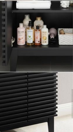 Modern black bathroom vanity with sink included (no faucet).