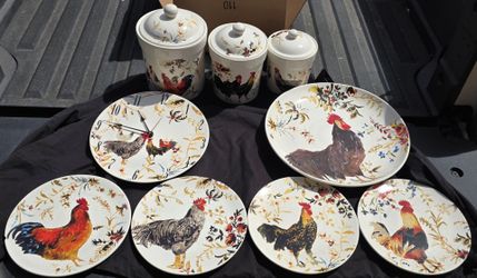 Sonoma Williams Rooster canisters, platter,clock,plates