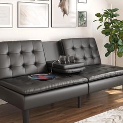 Mainstays Memory Foam Futon/ Full Size Bed with Cupholder and USB, Black Faux Leather