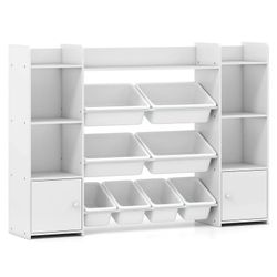Kids Storage Cabinet with Bins & Shelves – White Organizer for Playroom or Bedroom