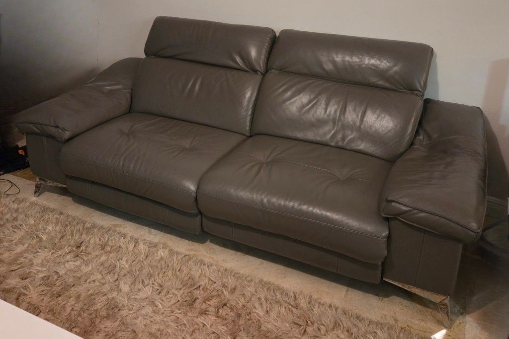 Two Identical Taupe Leather Recliner Sofas (Pickup Only)