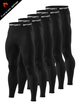 5pcs Men'S High-Performance Compression Leggings - Breathable, Quick-Dry, Stretchy Polyester/Elastane Blend, Soft & Durable for Running, Gym, Sports &