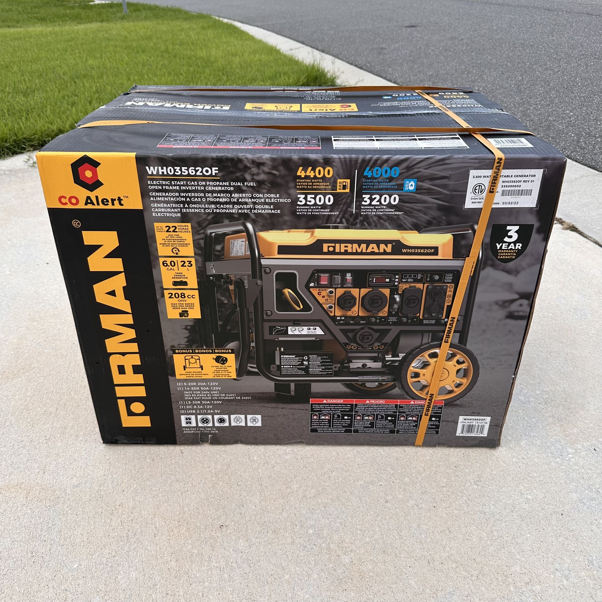 Firman WH03562OF Electric Start 120V Open Frame 4400 -Watt Dual Fuel (Gasoline/Propane) Inverter Generator