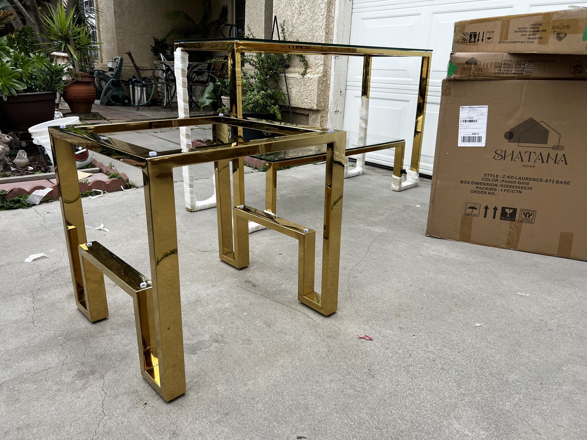 Media Console With Matching Side Tables With Glass Tops. Gold Polished Finish. $499