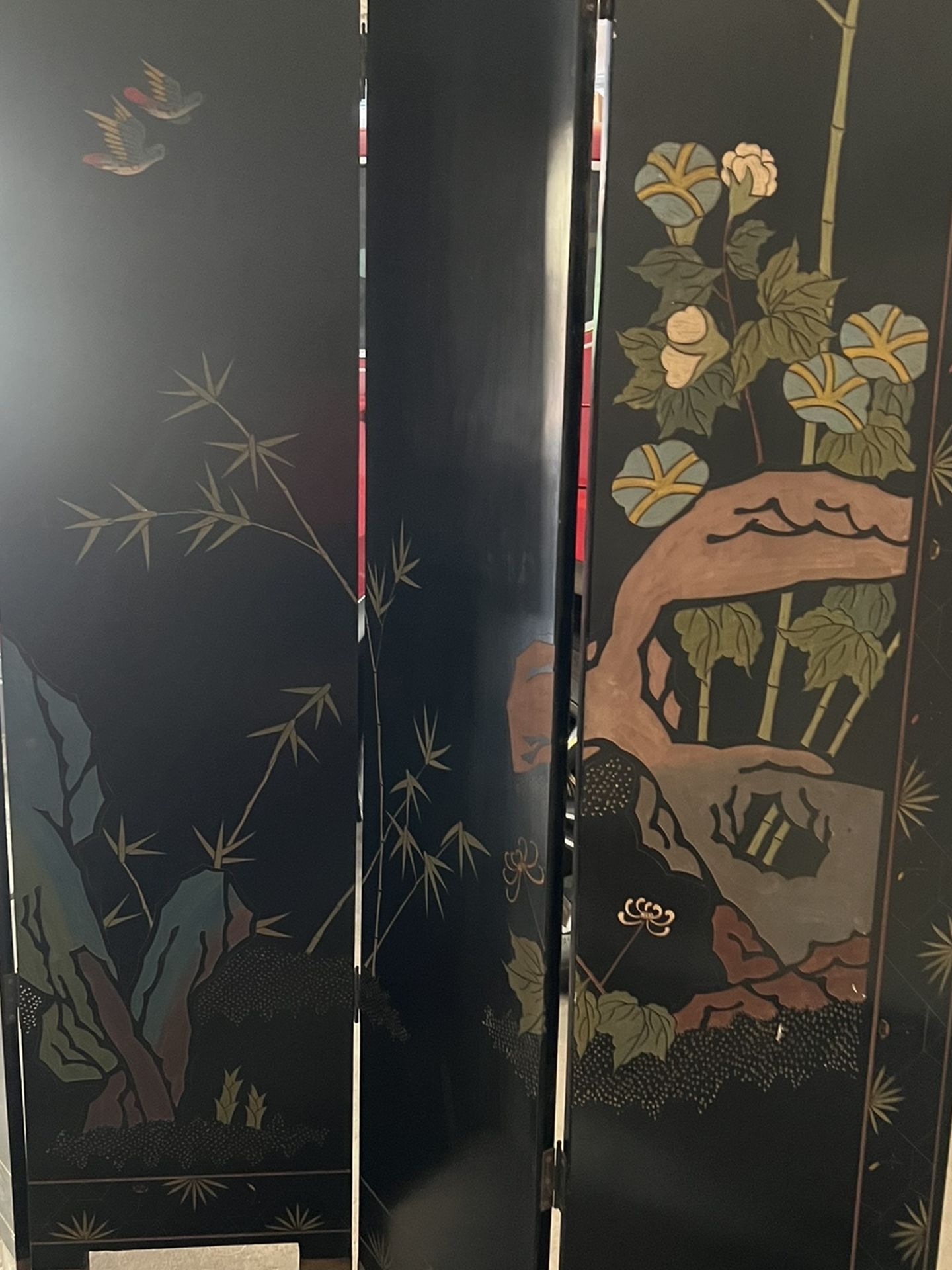 #1 VINTAGE ASIAN CHINESE COROMANDEL SCREEN 4 PANEL ROOM DIVIDER (#1) Heron/Crane Design