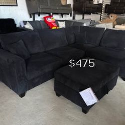 3-pc Sectional Sofa With Storage Ottoman Black Corduroy Fabric