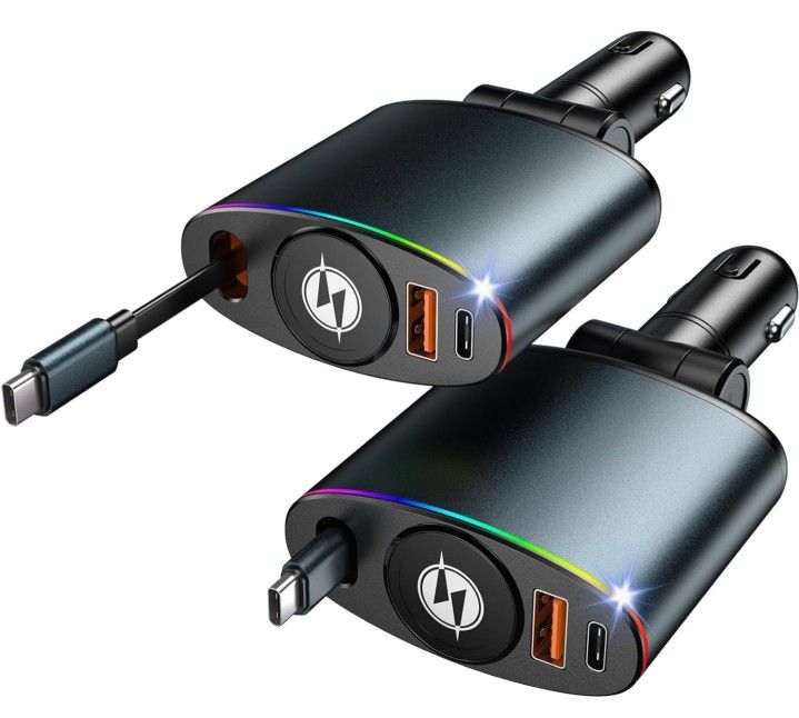 [2 Pack] Retractable Car Charger,[66W] Car Charger USB C Fast Charge,