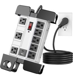 8-Outlet Metal Heavy Duty Power Strip with USB-C, Wide-Spaced, Grey, 6ft. 2000J Surge Protector, 15A/1875W, Wall Mount, 2 USB Ports, Flat Plug Extensi