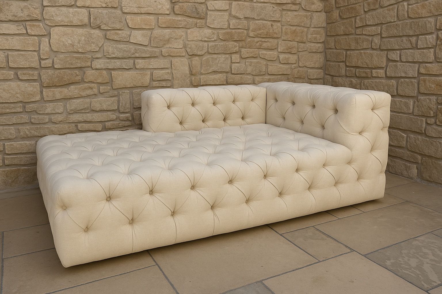 2 Luxury Tufted Chaise Lounge Sofa – Oversized Deep Seating, Cream Linen, High-End Designer