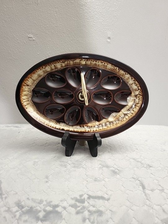 Deviled Eggs Plate Tray W/ Handle Brown Drip Glaze Vintage Made In The USA (X)