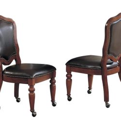 Bellagio Gaming Brown cherry wood nailheads caster chairs; set of 2