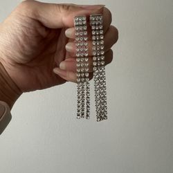 Rhinestone 3 Line Fringe Drop Earrings Silver Crystal