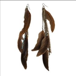 Vintage Gold Toned Long Strand Turquoise Beaded Birds of a Feather Earrings